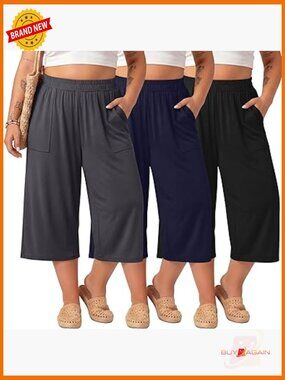 3 Pack Plus Size Capri Pants Cotton Wide Leg Elastic Waist Sweatpants with